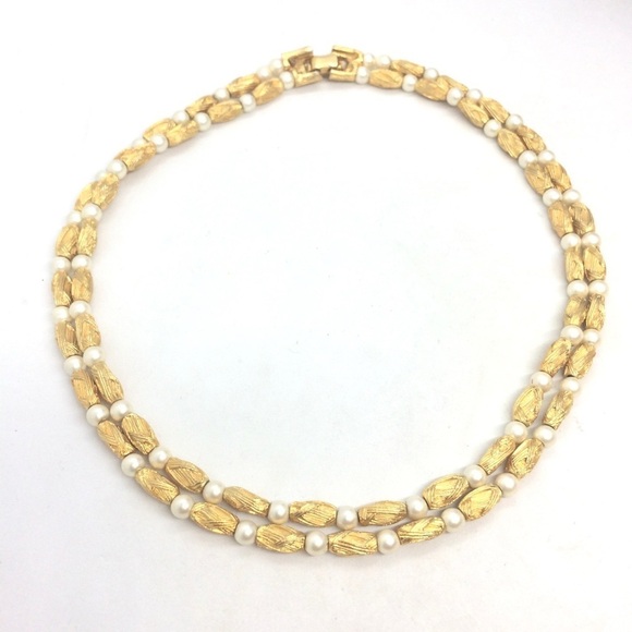 VINTAGE MID CENTURY MODERN MCM NECKLACE BRUSHED GOLD TONE PEARL DOUBLE STRAND - Picture 4 of 16